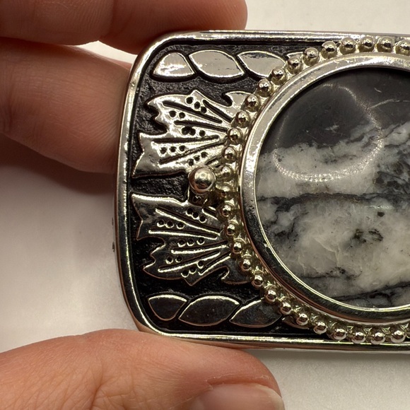Vintage Silver Tone Black Belt Buckle Marble Stone Design Western Engraved main image 4